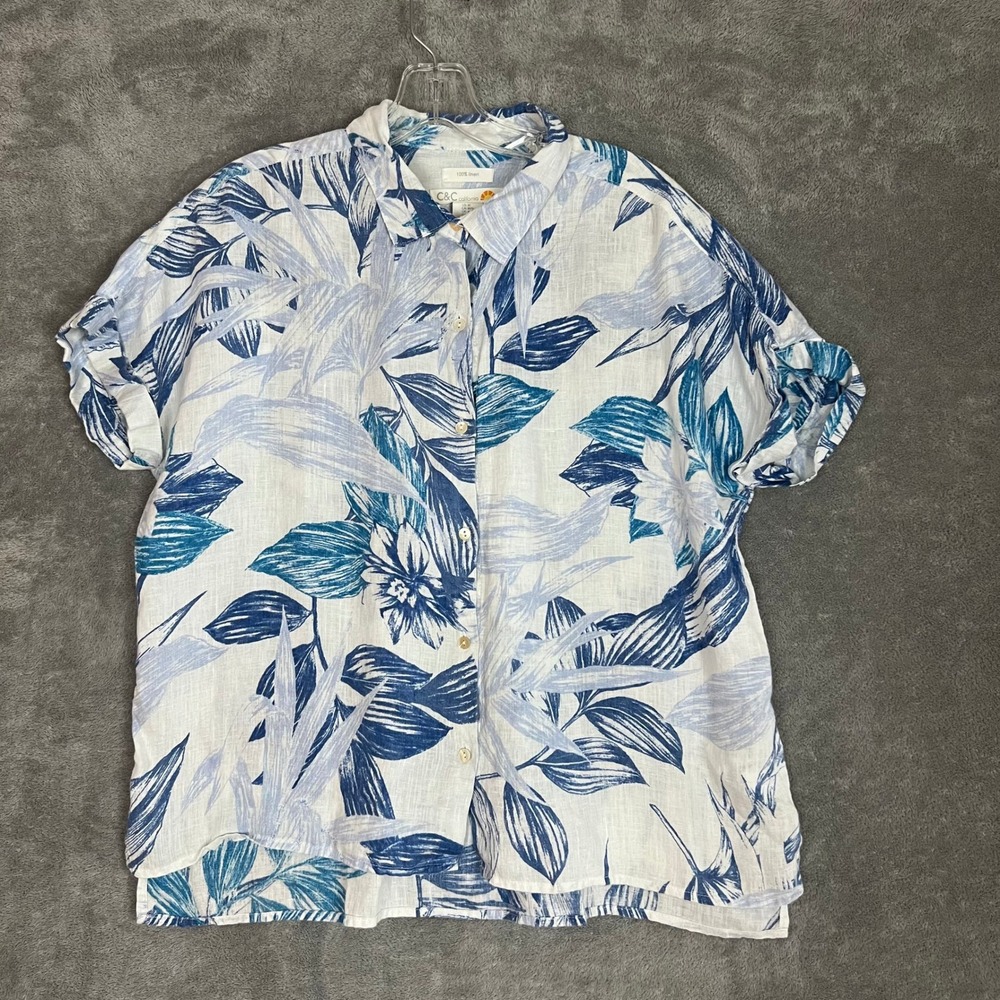 C&C California Button Down Shirt Womens M 100% Linen Floral Lightweight Beach